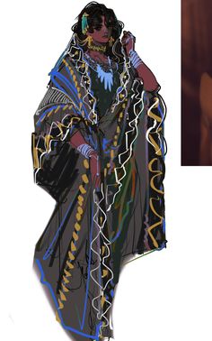 a digital sketch of a woman in an elaborate, flowing outfit with jewelry. the style is reminiscent of fashion illustration with loose lines and blocks of color.