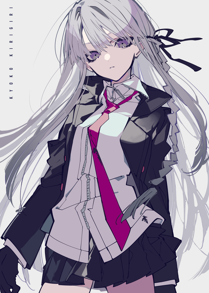 illustration of kyoko kirigiri from danganronpa in a school uniform. she has silver hair, purple eyes, a black jacket, and gloves. she also wears a white dress shirt with a purple tie.