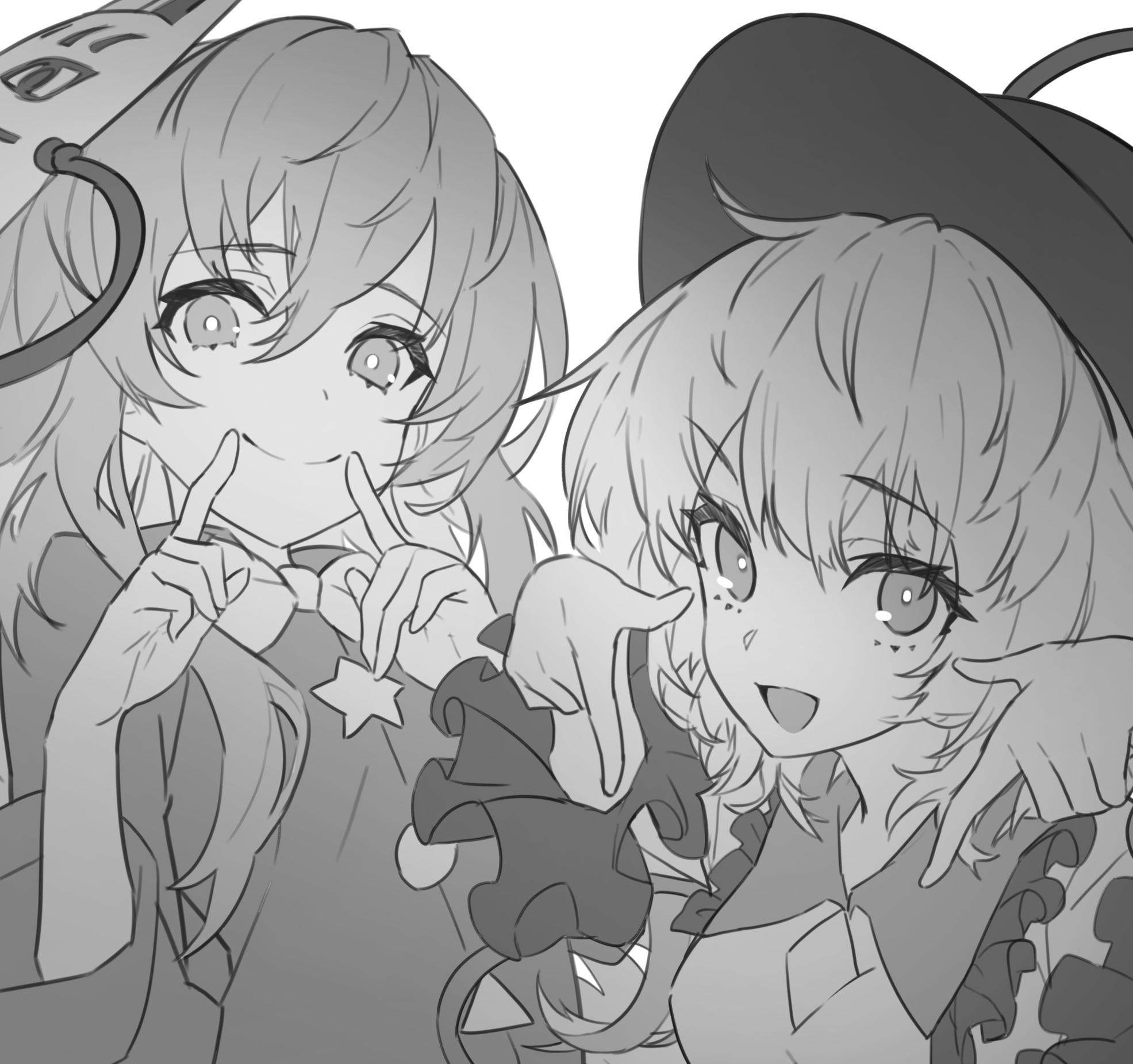 a black and white drawing of two animestyle girls. they are close together, smiling and making a cute pose with their hands near their faces. one girl has longer, wavy hair and is wearing a simple outfit. the other has shorter, slightly curly hair and is wearing a hat with ruffles on her dress. the style is reminiscent of manga or anime artwork, with expressive eyes and a focus on the characters' emotional expression. the drawing is detailed but has a slightly rough, sketched quality.