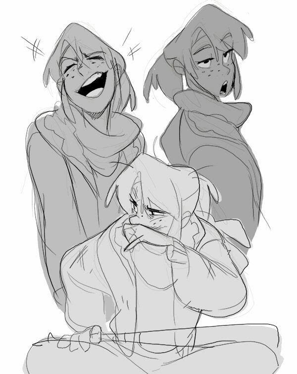this is a sketch of three friends laughing together. the artist has used a pencil and paper to create a simple but effective portrait of their friendship. the three friends are all young and have a casual look. one is holding her hand over her mouth as if trying to stifle her laughter, another is laughing with her mouth open and her hair flowing around her head, while the third is laughing with her hand on her cheek. the artist has captured their joy and exuberance through their body language.  the image shows a lot of detail, including the friends' facial expressions and the folds in their clothing. the artist has also added a sense of depth to the image by using different shades of grey. the three friends are smiling and laughing, enjoying each other's company. the sketch is a simple but effective way to capture the joy of friendship.
