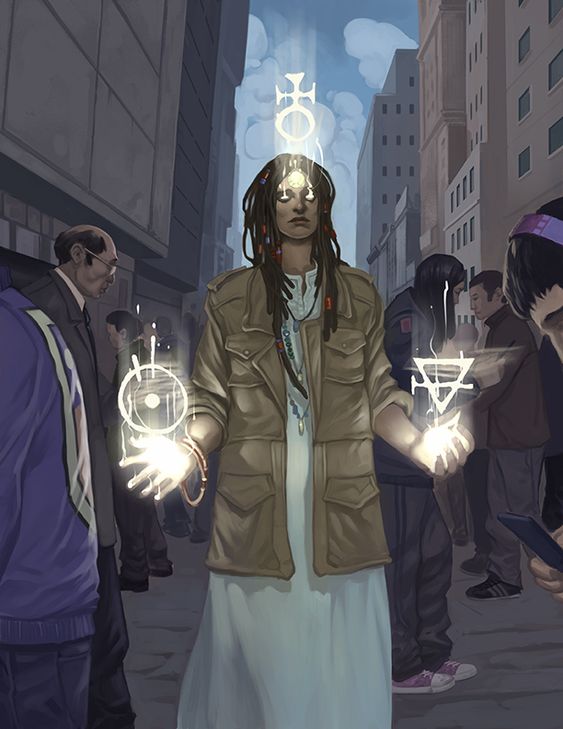 a woman with dreadlocks and a flowing white dress stands amidst a crowd on a city street. she holds her hands outstretched, each palm radiating with a glowing symbol. above her head, another symbol shines brightly.  the crowd, a mix of ages and styles, watches with a mixture of curiosity and apprehension. the city towers around them, bathed in the cool light of an overcast day. the overall feeling is one of urban fantasy, where the mundane meets the magical.
