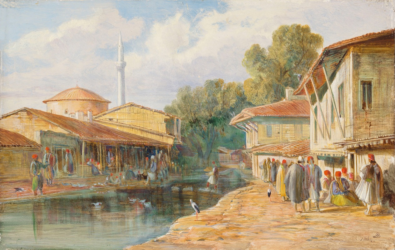 this is a painting depicting a bustling scene in what appears to be a town in the ottoman empire. the view is along a body of water, possibly a river or pond, with buildings on either side. on the left, there's a structure with a domed roof and a tall, slender minaret in the background, indicating a mosque. people are gathered along the edge of the water near this structure, some sitting, some standing, and ducks are swimming in the water. on the right, there are buildings with wooden frames and redtiled roofs. a group of people dressed in traditional middle eastern clothing, including fezzes and turbans, are also gathered on that side. the painting is characterized by a soft, painterly style with attention to light and detail, showcasing a lively urban scene.