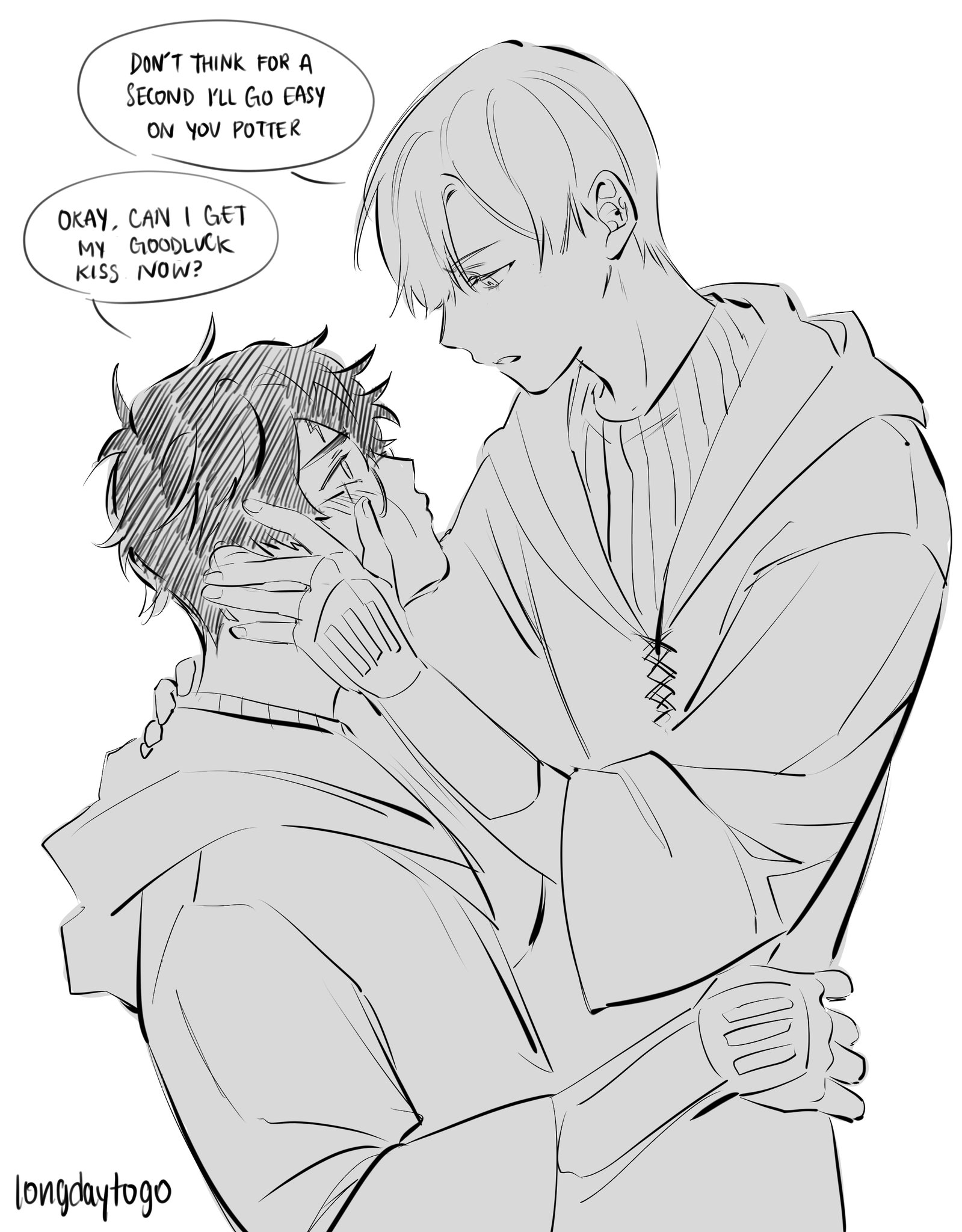 the image is a grayscale digital drawing in a manga style. it depicts two young men, one with shorter hair and one with longer hair, in an affectionate embrace. one of the young men appears to be offering the other a "good luck kiss". the art style is relatively simple, with clean lines and shading to suggest volume. speech bubbles indicate dialogue referencing the harry potter universe, with one character referring to the other as "potter", suggesting a fanmade interpretation of the characters or a fanfiction scene. the overall mood is romantic and intimate.