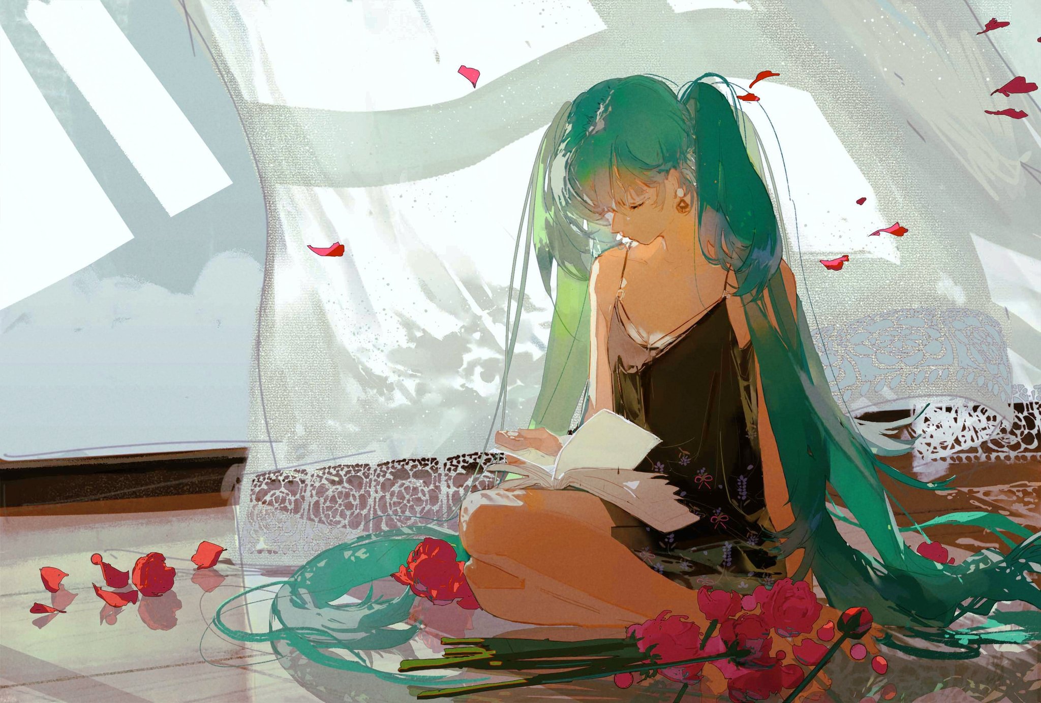 the image shows an anime girl with long green hair sitting on the floor, reading a book. the window is behind her, and soft sunlight is pouring in, illuminating the scene.  she is surrounded by delicate flowers, and the overall vibe is peaceful and relaxed.