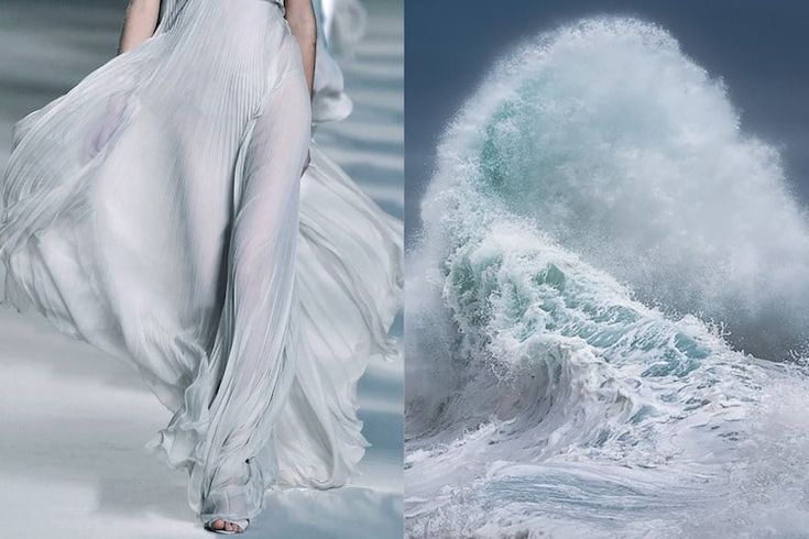 this image juxtaposes a fashion model in a flowing white dress with a crashing ocean wave. the contrast between the delicate, ethereal nature of the dress and the powerful, chaotic force of the wave creates a dynamic and visually striking composition. the image explores themes of nature, beauty, and the contrasting forces of grace and power. the minimalist style, with a focus on color and form, adds to the artistic appeal of the image.