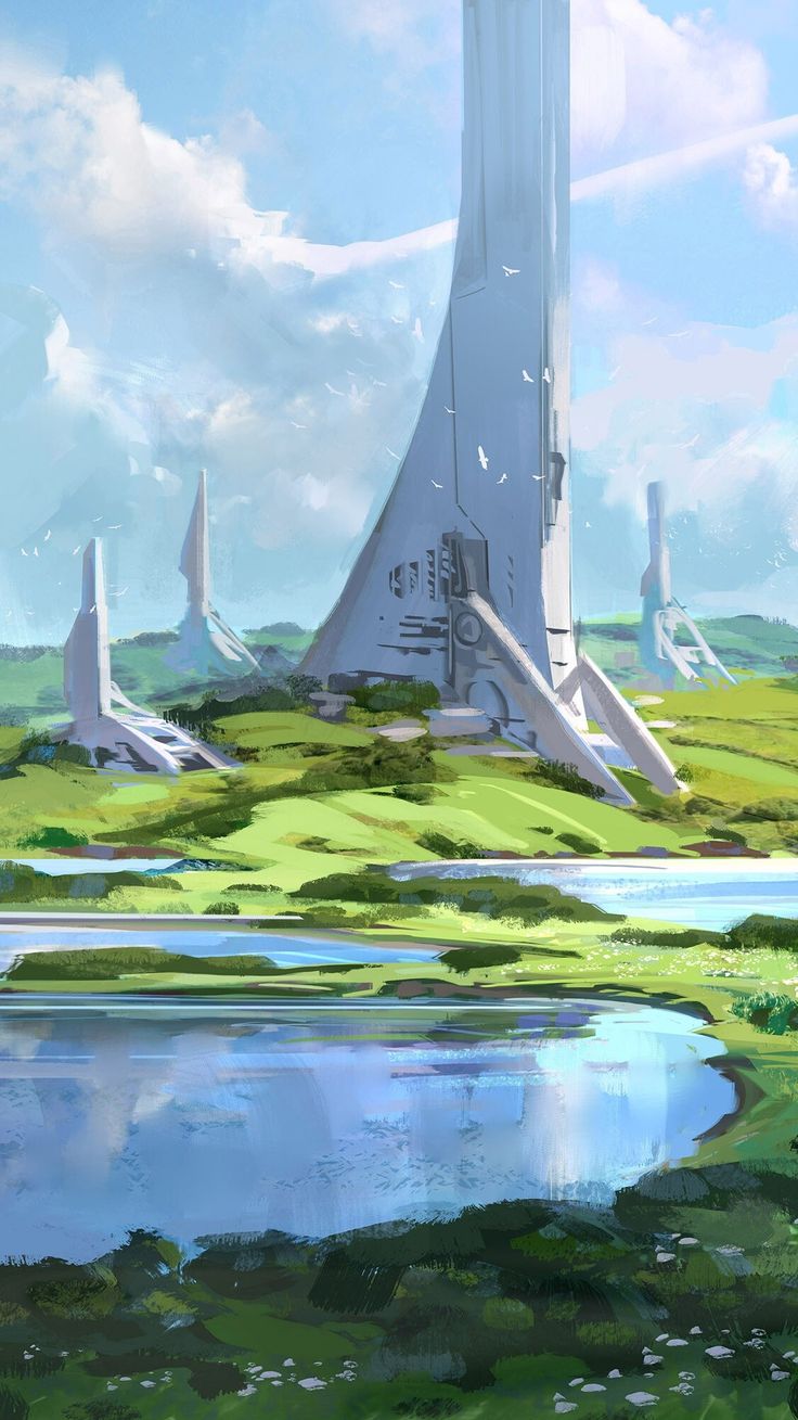 the image showcases a breathtaking landscape dotted with futuristic towers that seamlessly blend with the natural surroundings. the towers, sleek and white, pierce the sky with an elegant simplicity. lush greenery carpets the rolling hills, while a serene lake mirrors the azure sky above. the overall atmosphere evokes a sense of peace, harmony, and utopian ideals. the artwork masterfully combines elements of nature and technology, hinting at a future where both coexist in perfect balance.