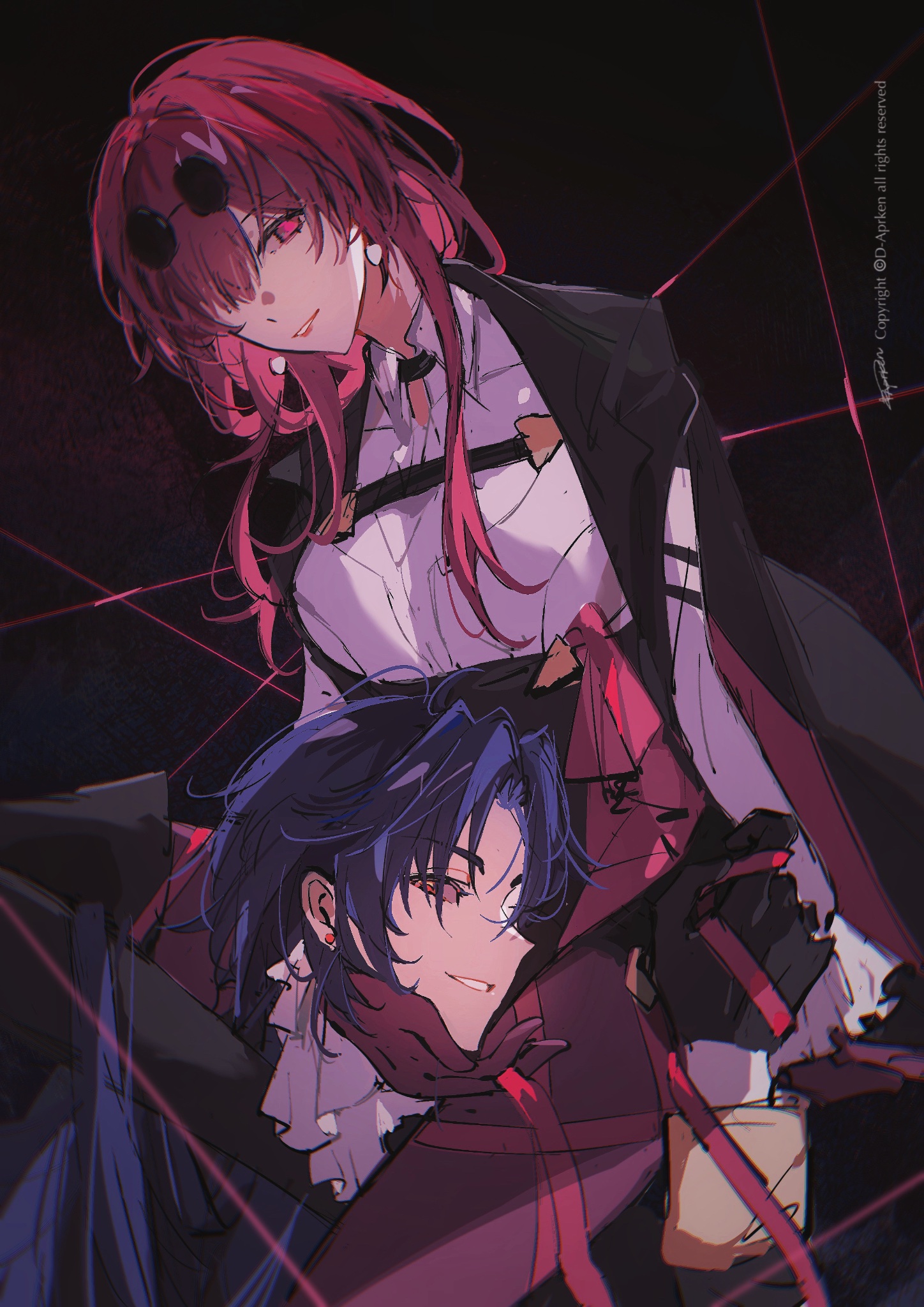 the image features a couple of anime characters. the female character has long red hair and is wearing a black coat over a white shirt with a red tie, while the male character has blue hair and is wearing a dark red shirt and a black ribbon. they are both looking at each other with loving eyes. the background is a dark red with black lines, creating a romantic and fantasy atmosphere.