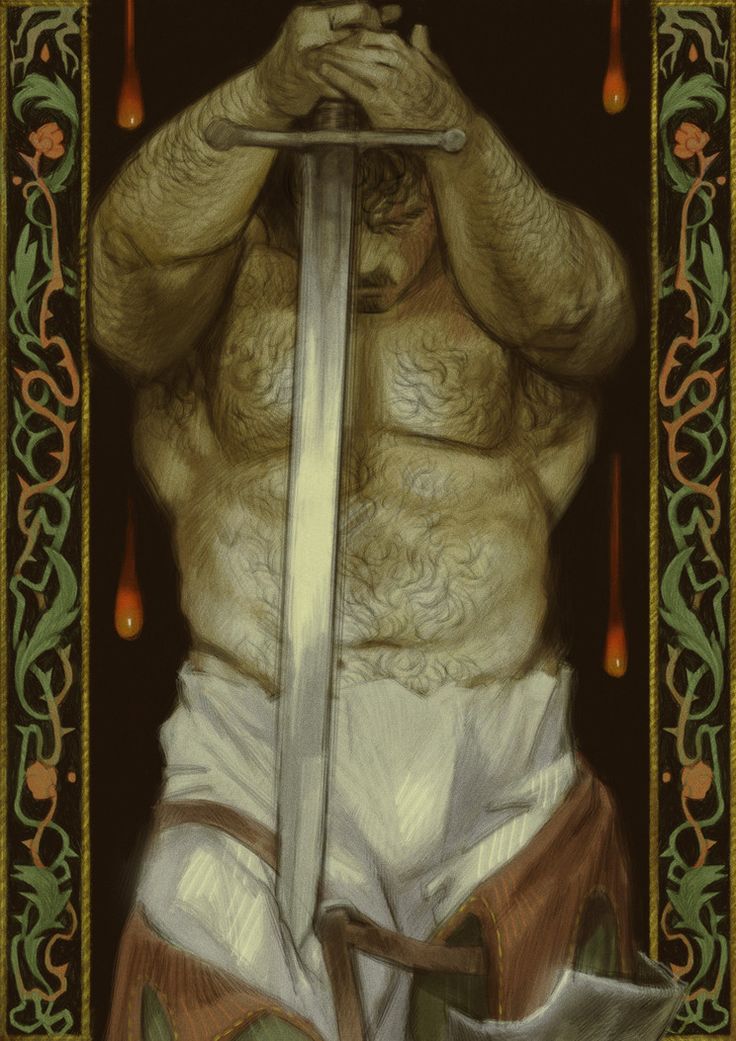 he image is a digital painting or illustration depicting a large, muscular, hairy man holding a sword. he is barechested, wearing a simple robe or tunic, and his hands are clasped tightly around the sword's hilt. the figure is centrally positioned, and the background is dark with a decorative gold and green frame featuring leaf motifs and dripping, bloodlike shapes. the overall style is reminiscent of fantasy art or medieval illustration, with a focus on the figure's powerful physique and the somber mood created by the colors and composition. the style has a painterly, almost textured quality.