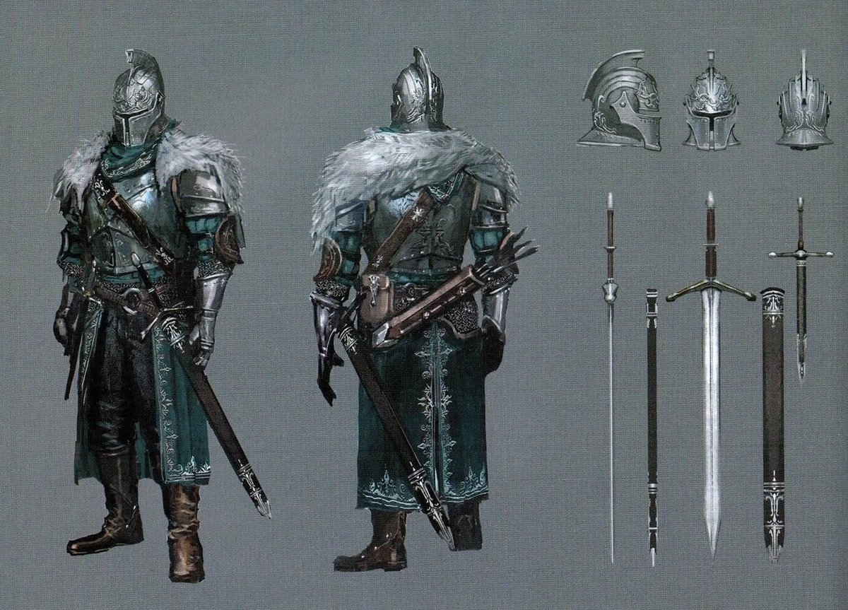 this image showcases concept art for a knight character, likely from a video game, against a neutral grey background. the knight is presented in full armor with a feathered helmet, wielding a sword and with a crossbow on their back. the design features intricate details on the armor and weapons. multiple views of the helmet and weapon are displayed for better visualization.