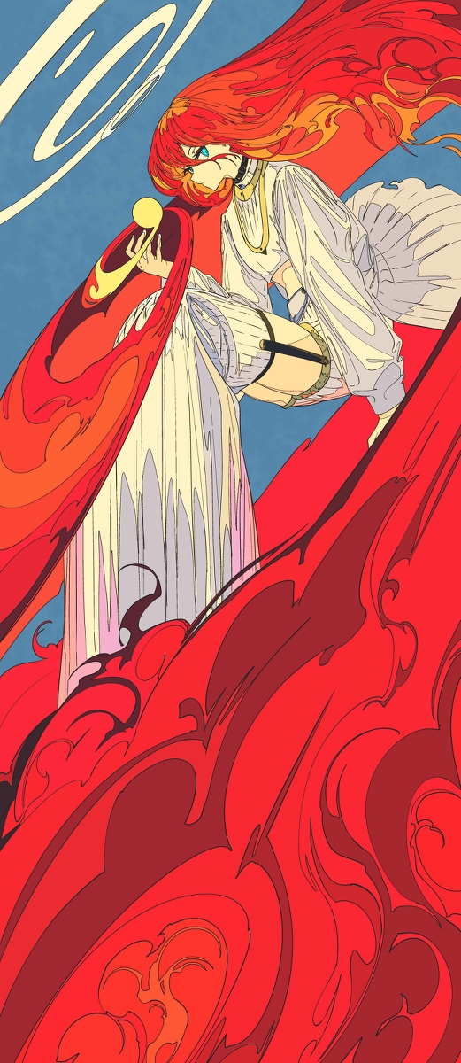 the image is a stylized illustration or digital painting of a young woman with long, flowing red hair. she is dressed in a flowing white dress with hints of other colors underneath. her pose is dynamic and graceful, suggesting movement and energy.  the background is a dramatic swirl of red and orange, which creates a dynamic contrast with the lighter colors of her clothing. the overall style is reminiscent of art deco or art nouveau, with its use of abstract shapes and flowing lines. the woman's expression is partly obscured but hints at mystery and a slightly ethereal quality. the image is full of vibrant color and movement, and evokes a sense of both fantasy and elegance.