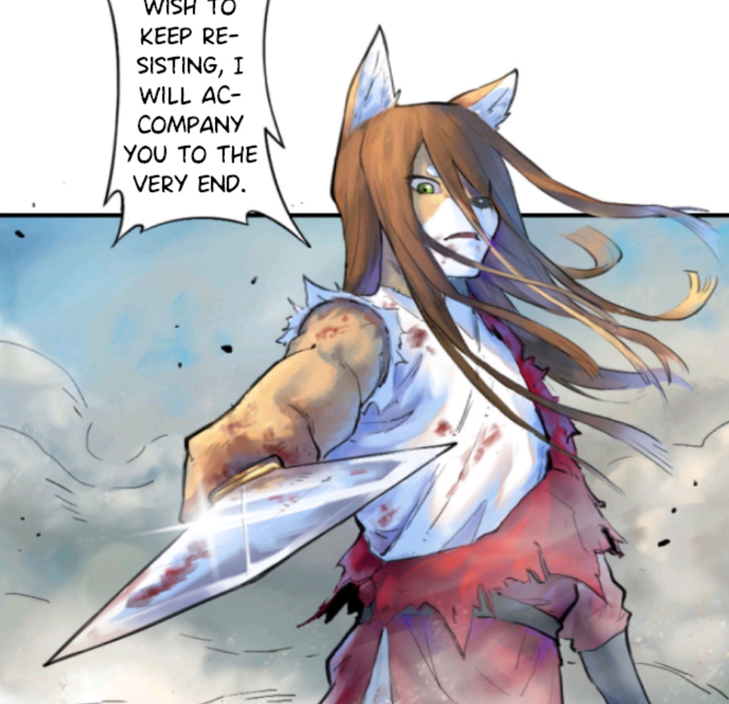 a frame from a manga or comic book panel shows a character with fox ears holding a bloody knife. they have a mask over part of their face and there is a speech bubble next to them with text.