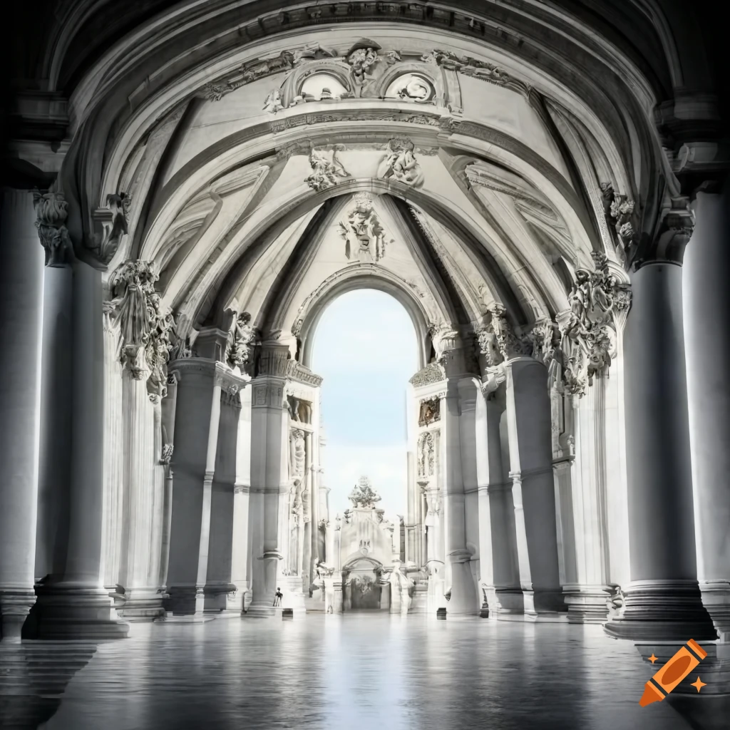 the image shows a grand hallway with a vaulted ceiling, lined with tall, ornate columns and adorned with statues. the hallway leads to a large arched window at the far end, revealing a glimpse of another structure and the sky beyond. the architecture is characterized by its intricate details and symmetrical design, creating a sense of grandeur and elegance. the overall palette is predominantly white and gray, reflecting the use of stone as the primary building material.