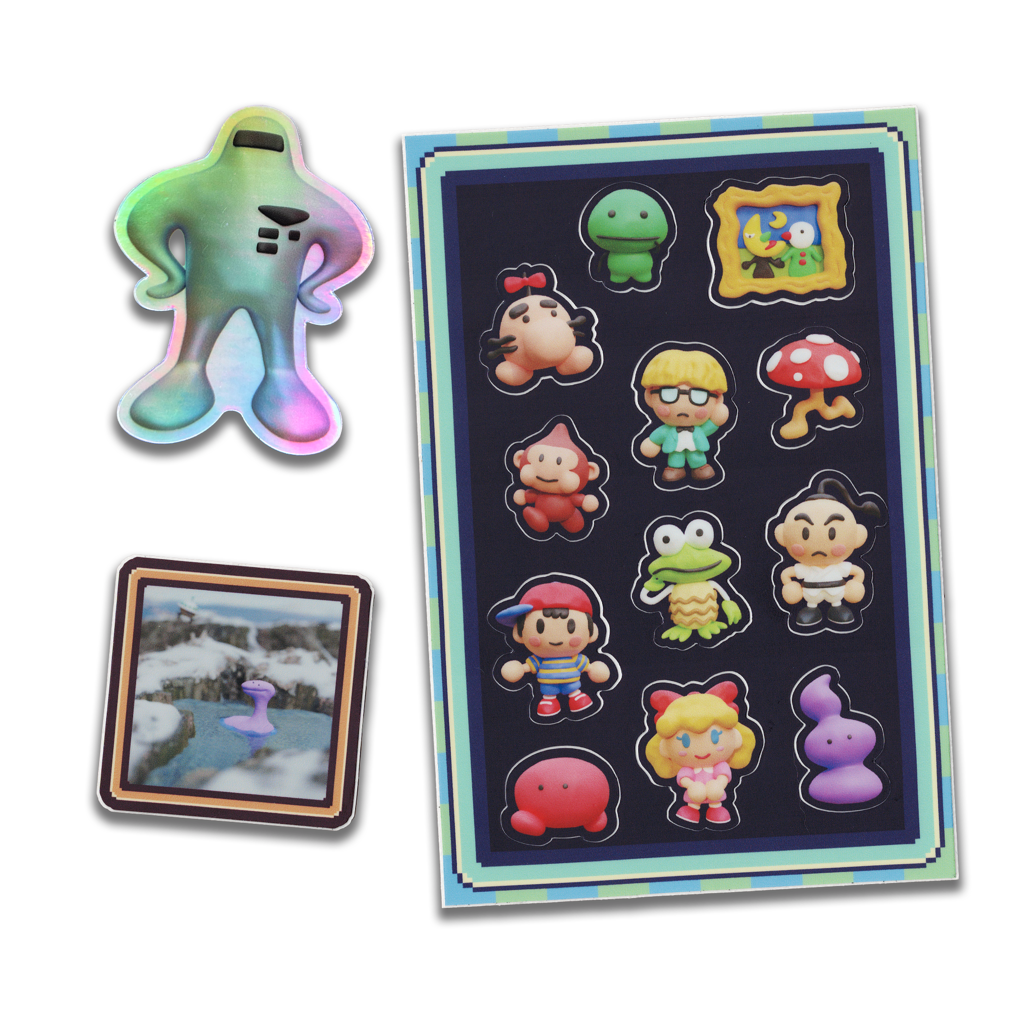 close up image of a collection of earthbound stickers, the image is on a black background, the stickers are colorful and are of different characters from the game. some of the stickers are holographic.