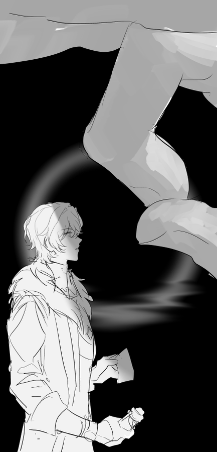 an anime style sketch in black and white of a man standing in front of a large shadowy figure. the man is facing the figure, holding a spray can in his left hand, and the figure is obscuring a portion of the background.