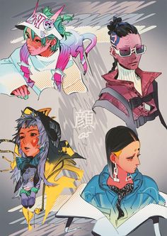 the image showcases four distinct characters, each embodying a unique streetwearinspired, futuristic style. their outfits feature bold colors, intricate details, and accessories like chunky jewelry and headphones. the background is an abstract blend of gray and white, further emphasizing the characters and their vibrant attire. the illustration style leans towards a digital, graphic novel aesthetic with sharp lines and dynamic poses.