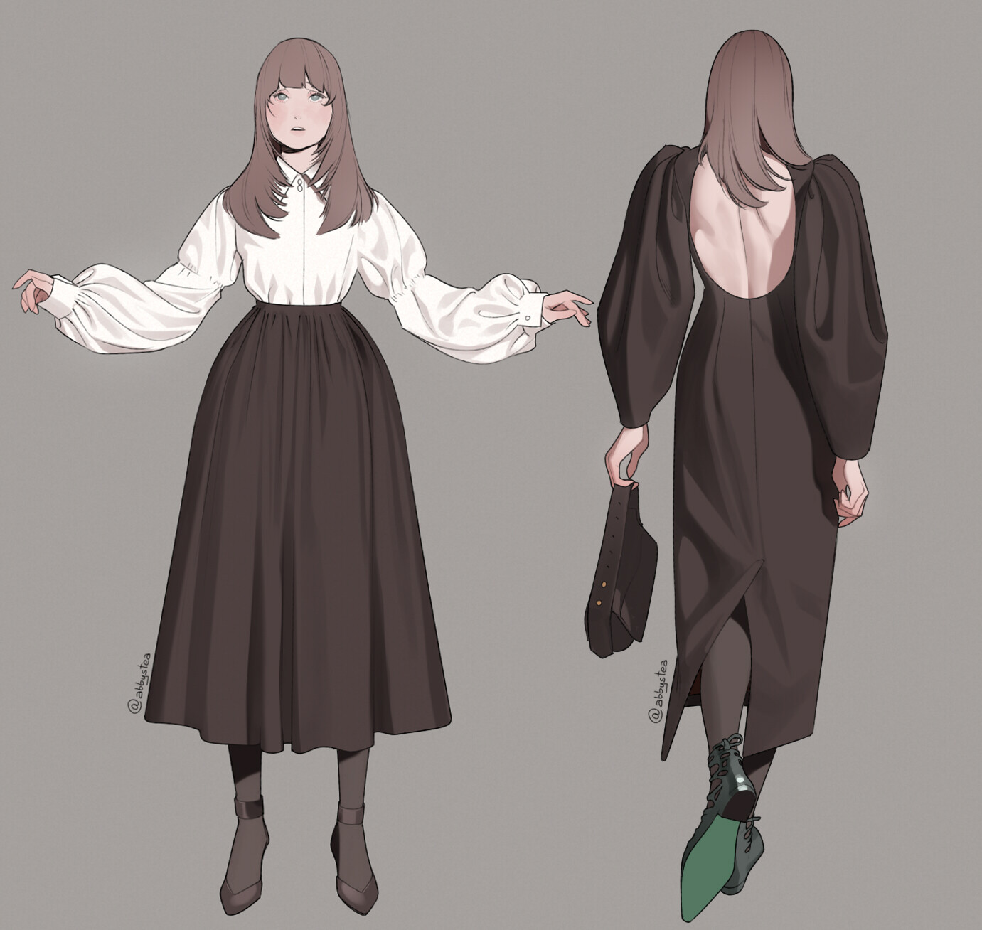 a twopanel fashion illustration showcases the front and back of a stylish outfit. the outfit features a long, black dress with dramatic puffed sleeves, a high neck, and an open back. the back view shows the model walking away, revealing a small black handbag and greenheeled ankle boots. in the front view, the same outfit is styled differently with a long, flowing black skirt and a loose, white, longsleeved blouse with large cuffs. the model has long brown hair and is depicted against a plain gray background.