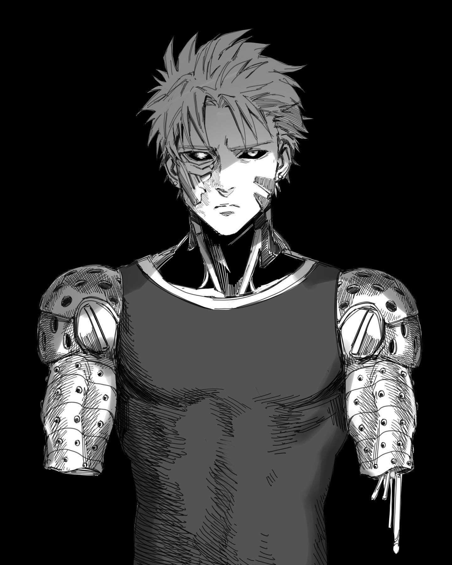 a black and white illustration depicts the upper torso of a muscular, battleworn cyborg. the cyborg, seemingly male, has short, spiky hair and a determined expression. scars mar his face, hinting at past battles.  his most striking features are his mechanical arms, intricately detailed with plates, wires, and pistons. the background is entirely black, focusing attention on the cyborg and enhancing the dramatic impact of the image.