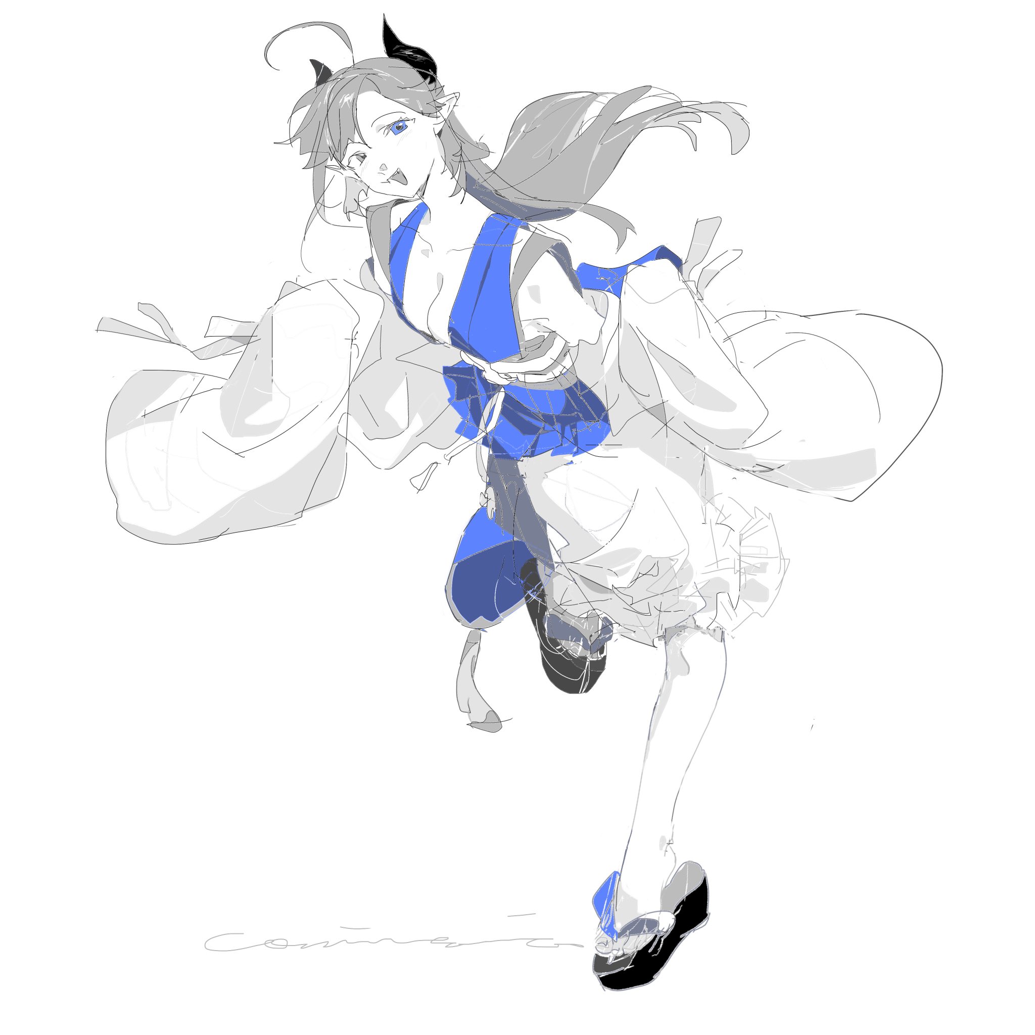 an anime girl with horns, wearing a blue kimono, running in a white background.