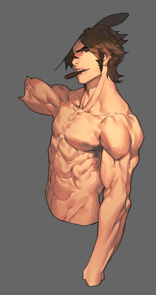 a digital drawing of a shirtless, muscular anime man. he has his arm bent, and is holding a cigar in his mouth. he is looking slightly to his left with an intense expression.  his muscular anatomy is clearly visible.  he has black hair and brown eyes.  he appears to be a serious, tough character.