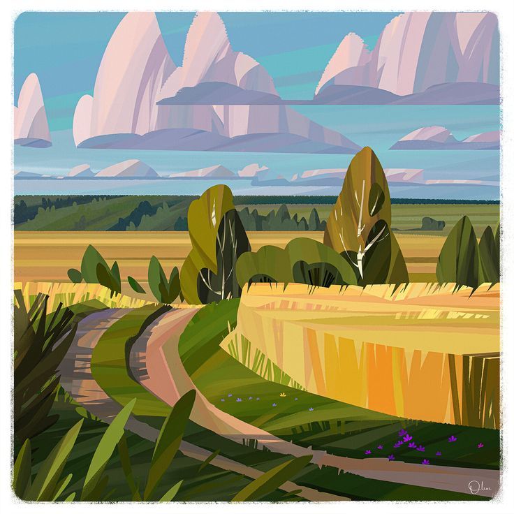 a winding dirt road cuts through a vibrant countryside landscape. rolling fields of golden wheat stretch out towards a distant mountain range, their peaks softened by a veil of fluffy clouds. the warm glow of the sun bathes the scene in a soft light, highlighting the lush greenery and wildflowers that dot the roadside. the overall impression is one of tranquility and serenity.