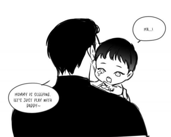a black and white mangastyle illustration depicts a father comforting a crying baby. the baby is sitting on the father's shoulder, with its face slightly obscured.  a speech bubble above the baby says "ma...". another speech bubble near the father says "mommy is sleeping. let's just play with daddy~". the overall style is simple and expressive, focusing on the emotional connection between the father and child.