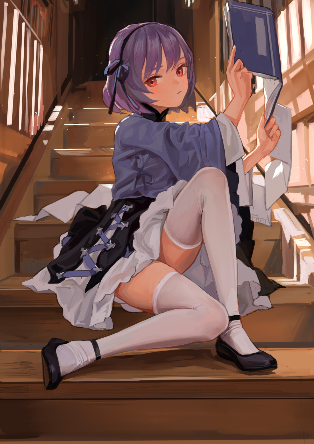 an anime girl with purple hair and red eyes sits on a staircase, holding a book in her hands. she is wearing a maid outfit with white stockings and black shoes. the background appears to be a library or similar setting with stairs and bookshelves.