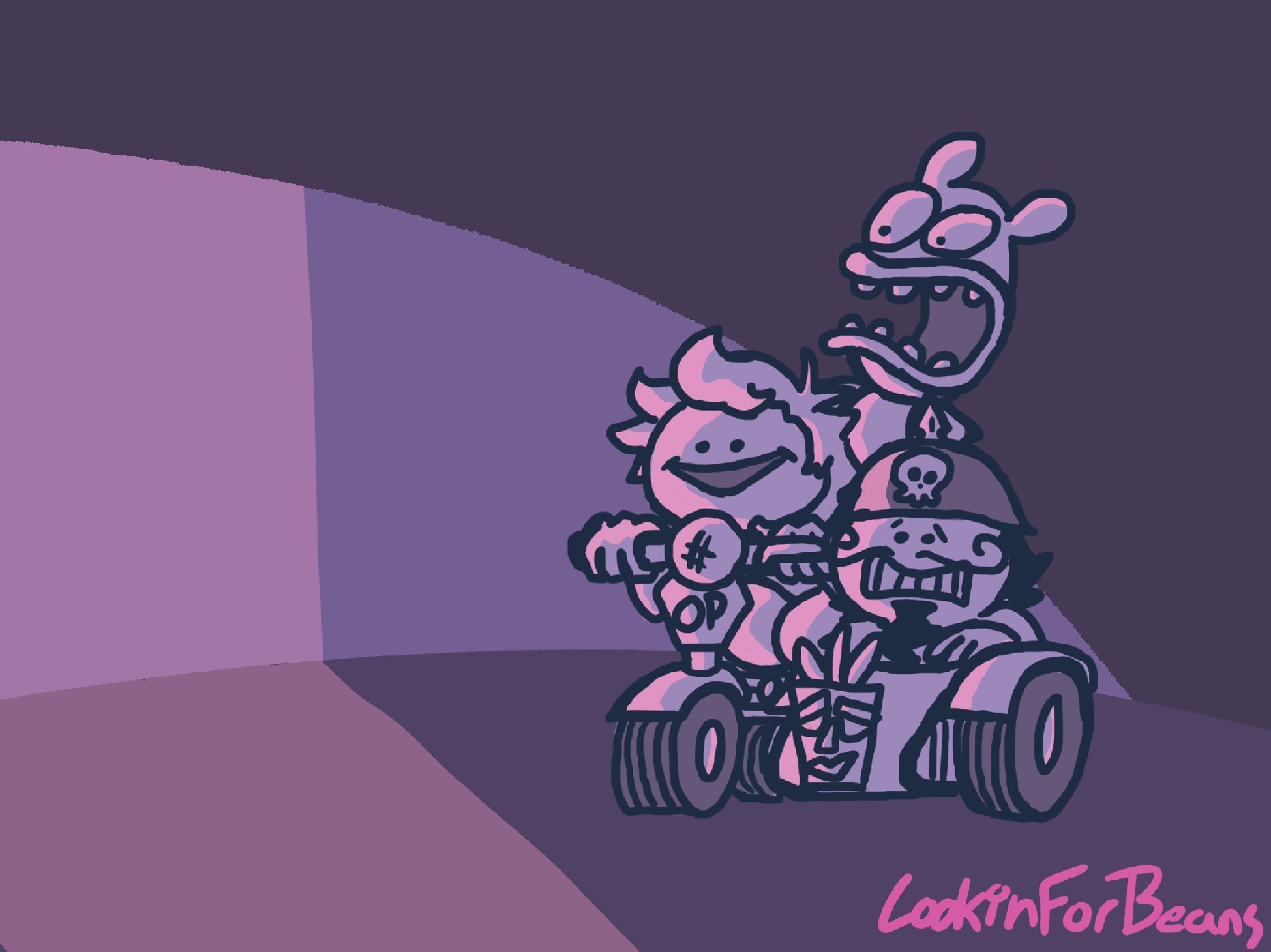 courage the cowardly dog, muriel bagg, and eustace bagg are huddled together on a gokart. they appear to be driving it in a dark room with only a spotlight shining on them. courage is driving, muriel is behind him, and eustace is in the back screaming.
