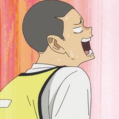 this is a closeup illustration of a young man with a shaved head. he has a look of intense excitement on his face, with wide eyes, raised eyebrows, and a big openmouthed grin, suggesting laughter.  he is wearing a white shortsleeved collared shirt and what appears to be a yellow vest. the background is a simple gradient of pink and yellow.