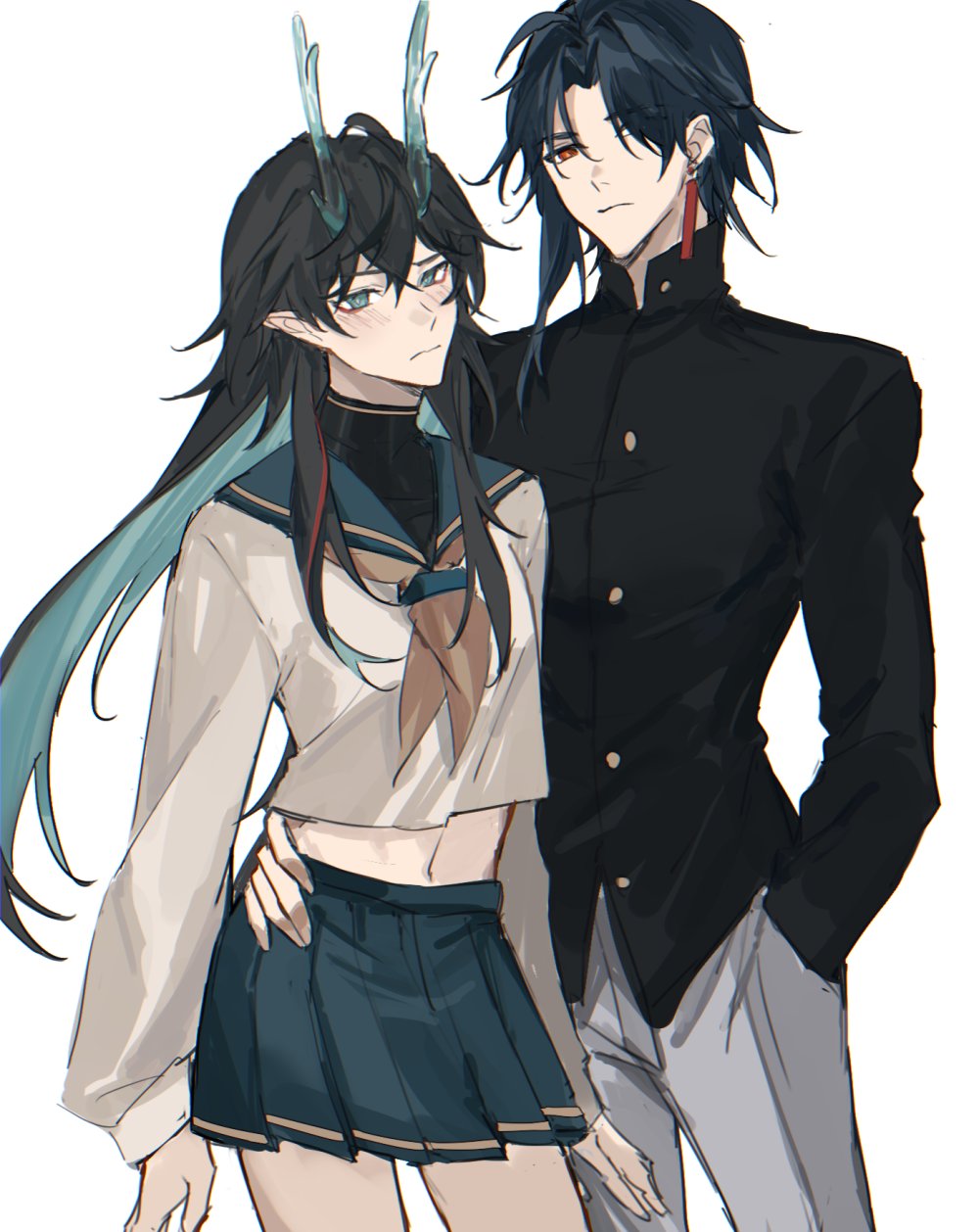an anime illustration of a couple standing together. the girl is wearing a white shirt, a blue and green skirt, and a teal bow. she has black hair and blue eyes. the boy is wearing a black jacket and grey pants. he has black hair and red eyes. they are holding hands and looking at each other with love.