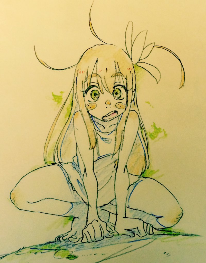 a stylized sketch of a young girl with long hair, crouched down and looking surprised.  the drawing style is reminiscent of anime and manga, with large, expressive eyes. there's a sense of motion and whimsy in the way her hair and the lines flow. the background is abstract and suggestive of a natural environment.