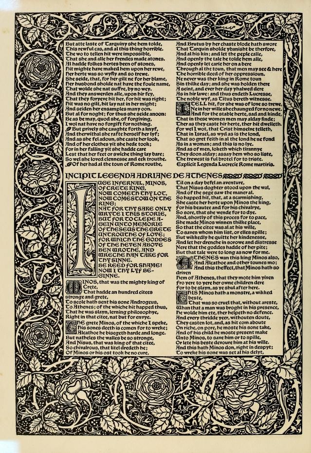 the image shows a page from a book featuring an art nouveau illustration. the page is in black and white with intricate floral patterns and gothic lettering. the text is about greek mythology and focuses on the story of king minos of crete.