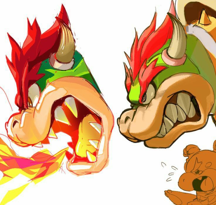 the image showcases two distinct stylistic interpretations of bowser jr., a recurring antagonist from the mario video game franchise.  both versions depict bowser jr. with his signature spiky red hair and horns. one jr. is depicted in a more dynamic pose, openmouthed and seemingly breathing fire. the other jr. is shown in a closeup, displaying a fierce and angry expression. a smaller, simpler sketch of what appears to be a frightened or surprised character (possibly another character from the mario universe) is included in the bottom right corner, suggesting a scene or narrative context.  the overall style is loose and expressive, characteristic of concept art or fanart. the colour palette is vibrant and features prominent reds, greens, and yellows.