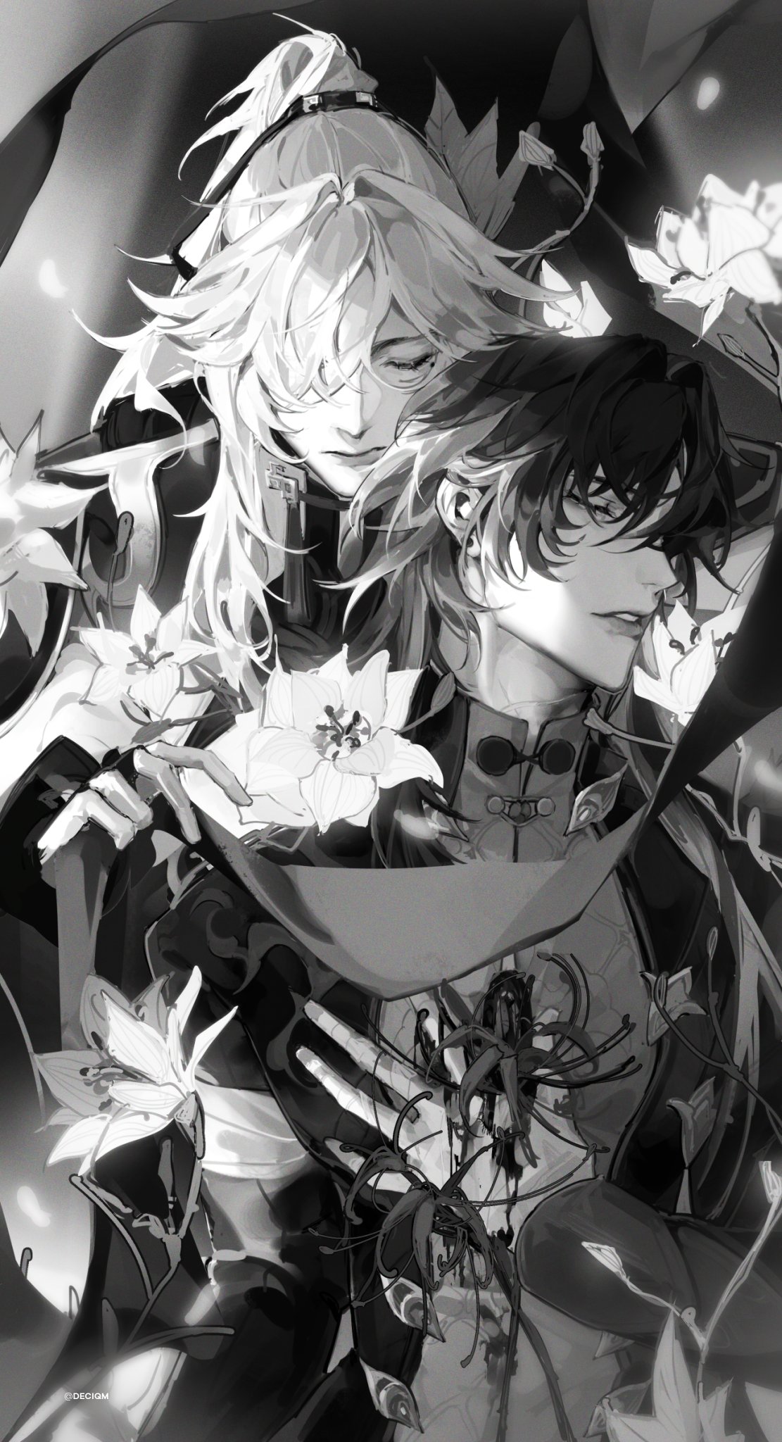 a black and white illustration of two people, a man and a woman, embracing. the woman has long white hair and is wearing a long, flowing dress. the man has short black hair and is wearing a dark jacket. they are surrounded by white lilies, and their expressions are soft and gentle. the image is full of romance and tenderness.