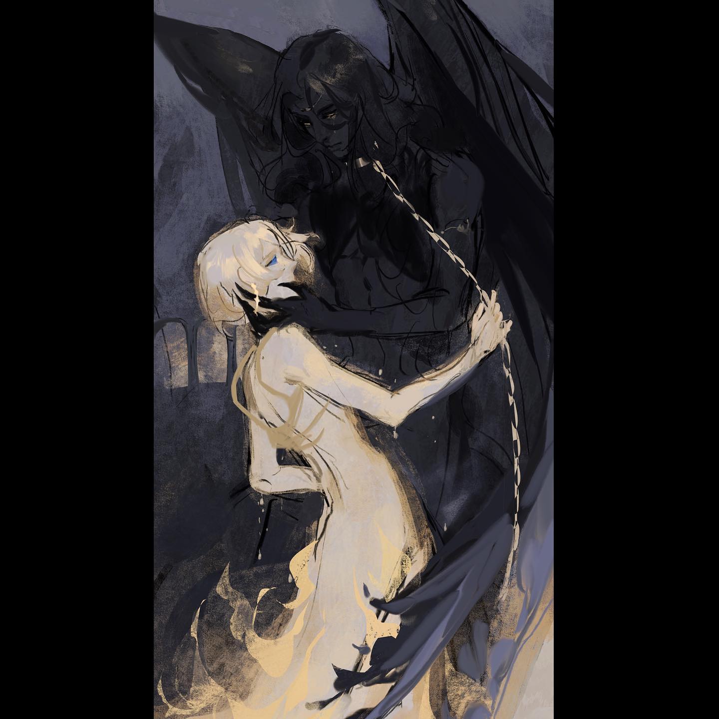 the image depicts a scene from a fantasy anime or manga, with two figures: a darkhaired angel with wings and a blondhaired human, likely a woman, standing near each other. the angel appears to be holding a chain or rope, possibly connected to the human. the setting is dark and atmospheric, with a sense of drama and tension. the angel's face is shrouded in shadow, while the human's face is visible, displaying sorrow and perhaps even fear. the colors are muted, with a focus on black, gray, and shades of gold. the overall composition suggests a relationship between the two figures that is complex and fraught with emotion, possibly a story of love, betrayal, or loss.