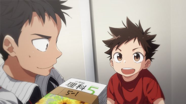 in a softly lit indoor setting, two anime boys are captured in a closeup portrait. the older boy, with a playful smirk, holds out a stack of textbooks labeled "science 51" to the younger one, who looks up with an endearing smile. the image evokes a sense of lighthearted camaraderie, possibly hinting at a school life or sliceoflife theme often found in the boys' love genre.  the warm color palette further enhances the tender and innocent mood of the scene.