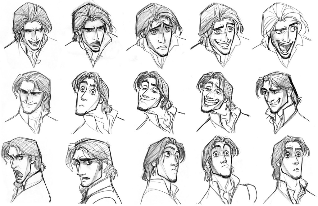 this is a set of character design sketches of a male character with varying facial expressions. the drawings are in black and white and show a range of emotions.