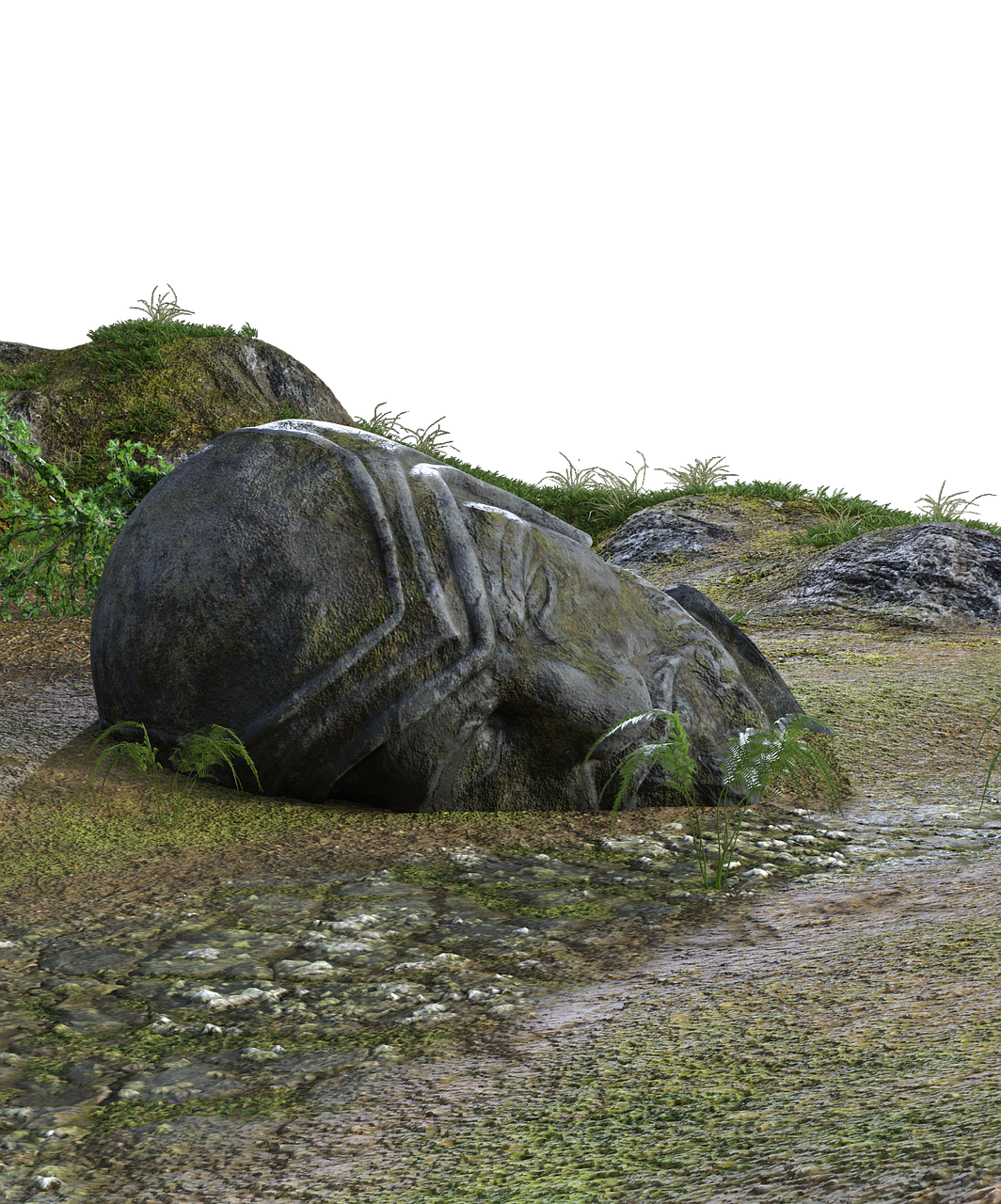 a large rock with carved markings sits on a mossy ground surrounded by grass and other greenery. the backdrop is a black sky.