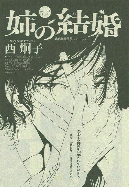he image is a scan of a manga book cover. the cover features a black and white illustration of a young man with long hair partially obscuring his face with his hands. the title of the manga, "姉の結婚" (ane no kekkon, sister's marriage), is prominently displayed in large japanese characters. the artist's name, nishi keiko, and the title in english are also visible.  the style is characteristic of shoujo manga, with a focus on emotional expression and detailed linework. japanese text around the illustration provides additional information about the manga, including publication details and a short synopsis.  the background is dark, contrasting with the lighter tones of the illustration.
