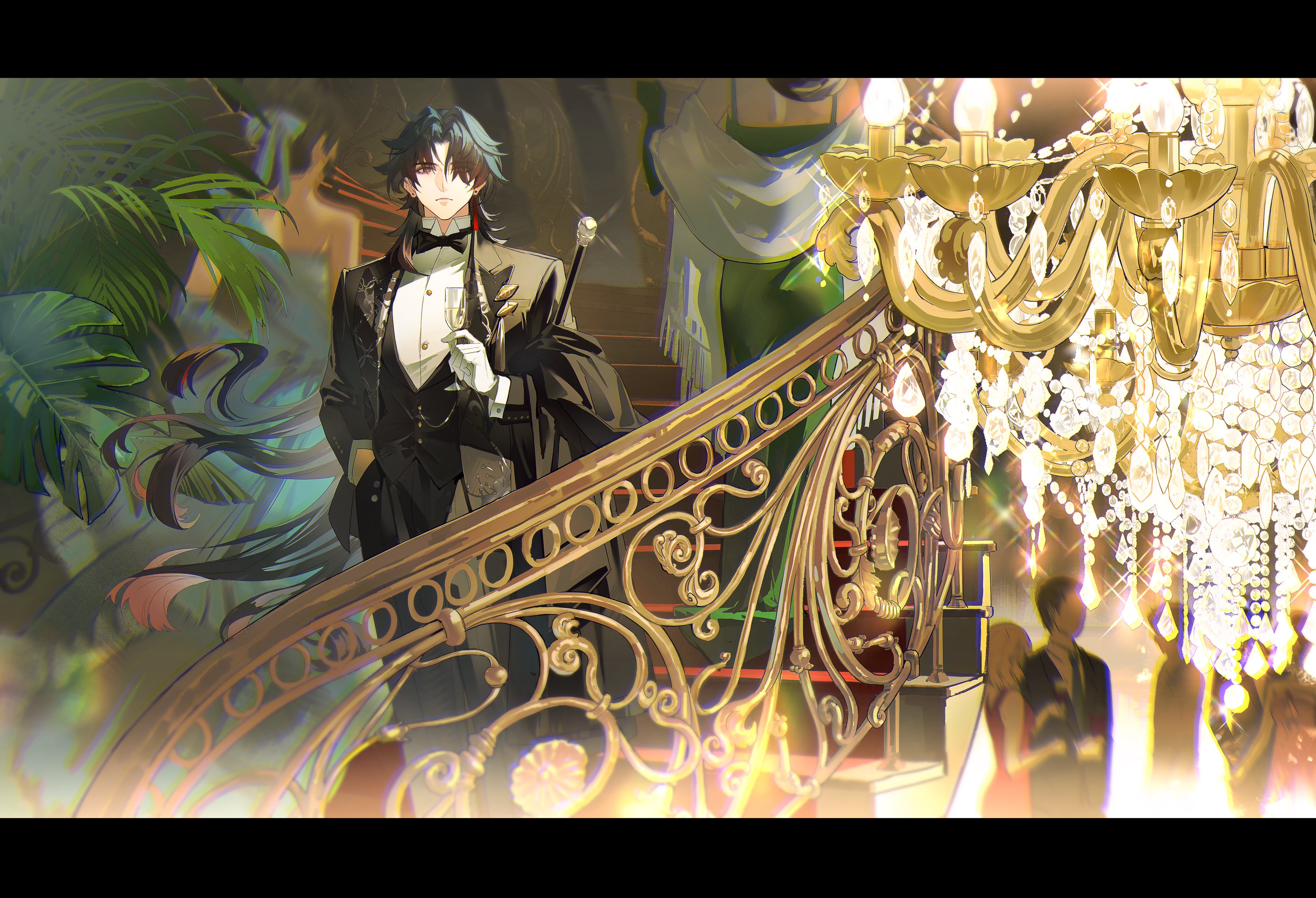 a painting of a man in a tuxedo with teal hair holding a cane, standing on an ornate staircase bathed in warm light emanating from a crystal chandelier. the ambiance suggests a lavish party in a grand ballroom, with lush tropical plants adding to the luxurious atmosphere. the low angle perspective emphasizes the grandeur of the setting and the man's confident posture.