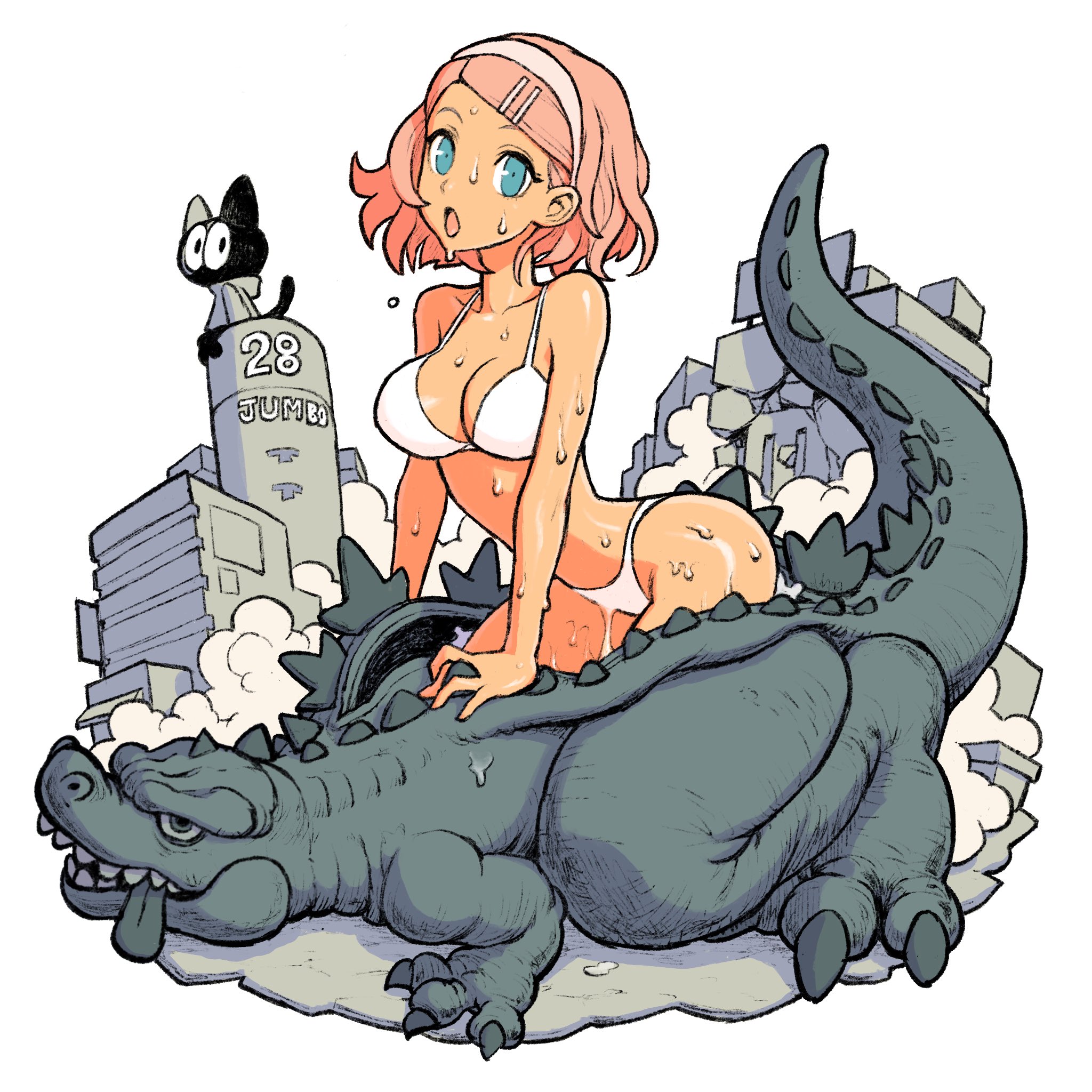 the illustration is a vibrant cartoon drawing featuring an animestyle young woman in a white bikini sitting atop a large, grey godzillalike monster. the woman has pink hair and a surprised expression.  the monster is positioned amidst the rubble of a destroyed city, with a partially collapsed building bearing the number "28 jumbo" visible in the background.  a small black cat is also present, observing the scene. the woman appears slightly wet or sweaty, and the overall style is suggestive of a comic book or manga panel, with bold outlines and expressive lines.
