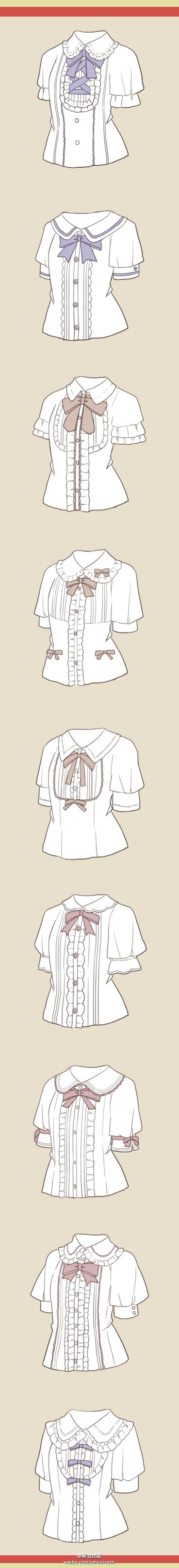 the image shows a sequence of white blouses, each with a different bow and collar design. the bows are either positioned at the neck or chest, and the collars are either peter pan or  a ruffled style. all of the blouses have short sleeves and a buttoned front. the image is in a simple, line drawing style, and it conveys a feeling of sweetness and elegance.