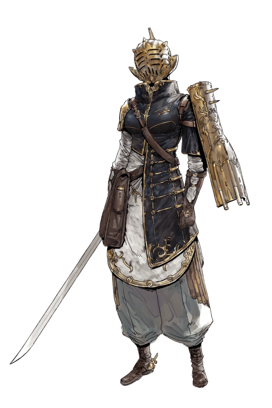 a female warrior, clad in ornate armor, stands poised for battle. her attire blends navy blue and white fabric with gleaming gold accents on her helmet, pauldrons, and other armor pieces.  a long sword rests in her right hand, ready to strike, while a large, intricately designed shield adorns her left arm.  she wears baggy pants and a long tunic, allowing for ease of movement. her expression is hidden behind her helmet, adding to her air of mystery and lethality.