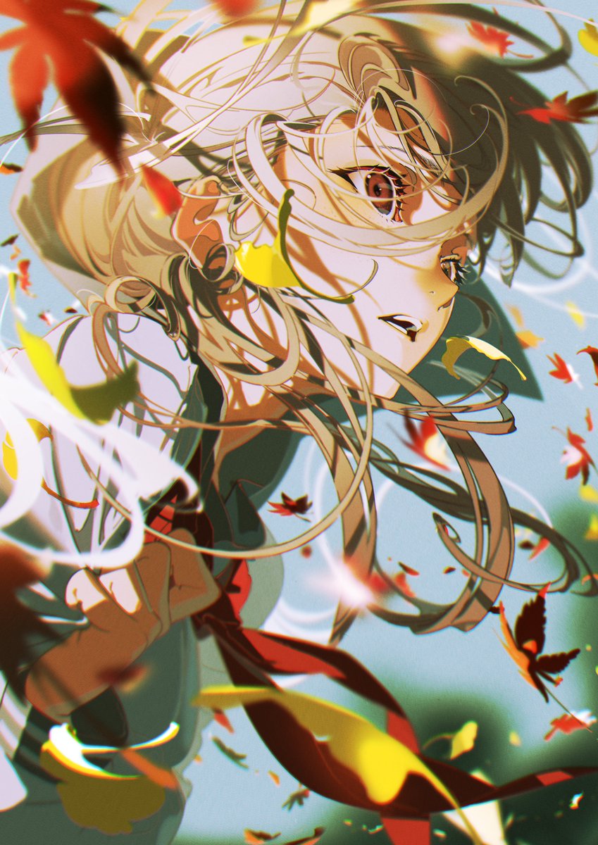 the image is a digital illustration of an anime girl. she is wearing a school uniform and her hair is long and blonde. the girl is surrounded by leaves, implying that it is autumn. the leaves are flying in the wind, and the girl's hair is also being blown by the wind. the girl's expression is serious, and she appears to be looking at something off screen. the image is colorful and vibrant. the girl is standing in front of a blue sky and she is surrounded by a multitude of yellow and red leaves which are blowing in the wind.