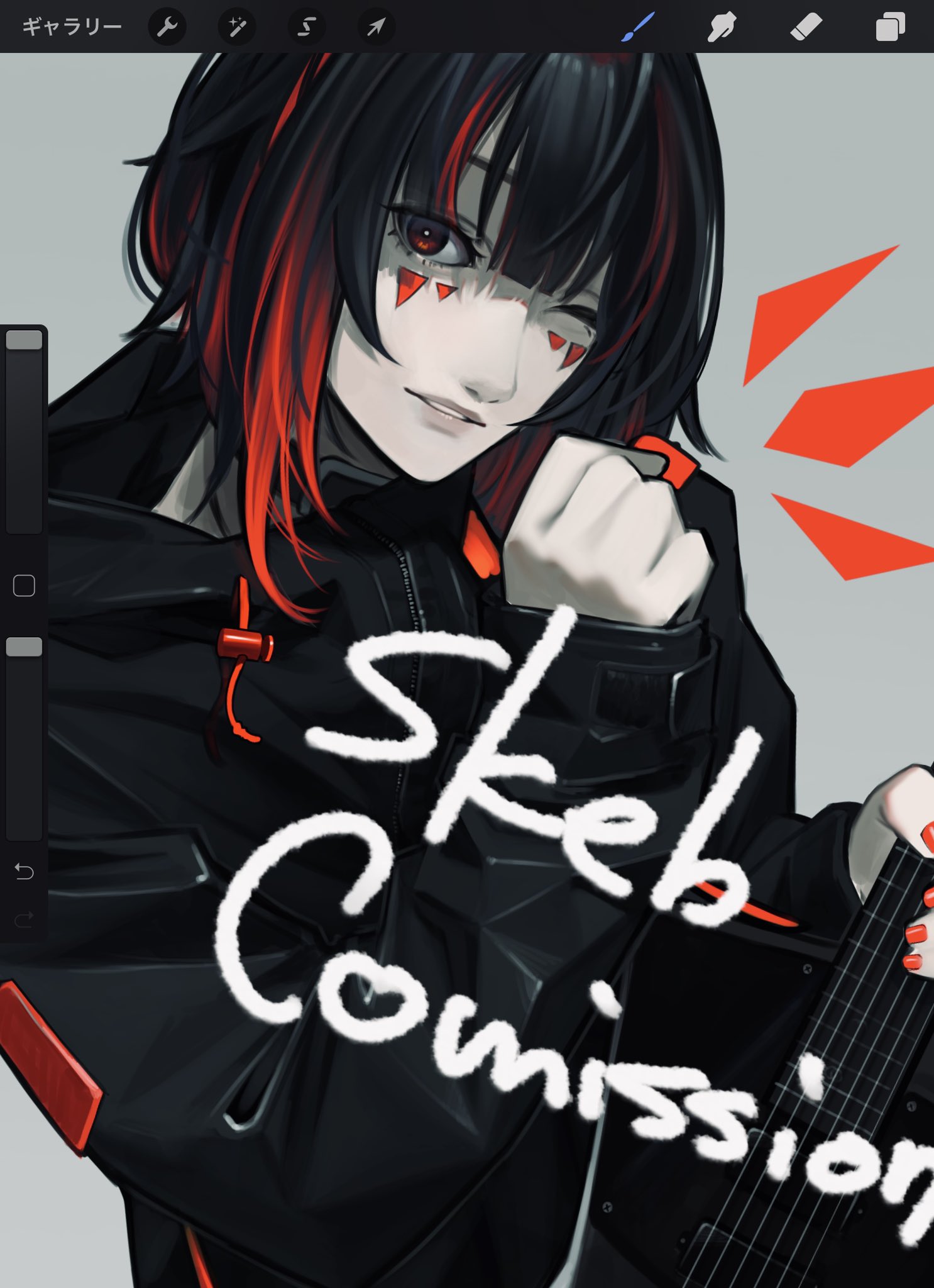 the image is a digital drawing of an animestyle girl with black and red hair. she is wearing a black jacket and is playing a guitar. the text "skeb commission" is written across the image. the style is bold and edgy, with a focus on vibrant colors and dynamic poses.