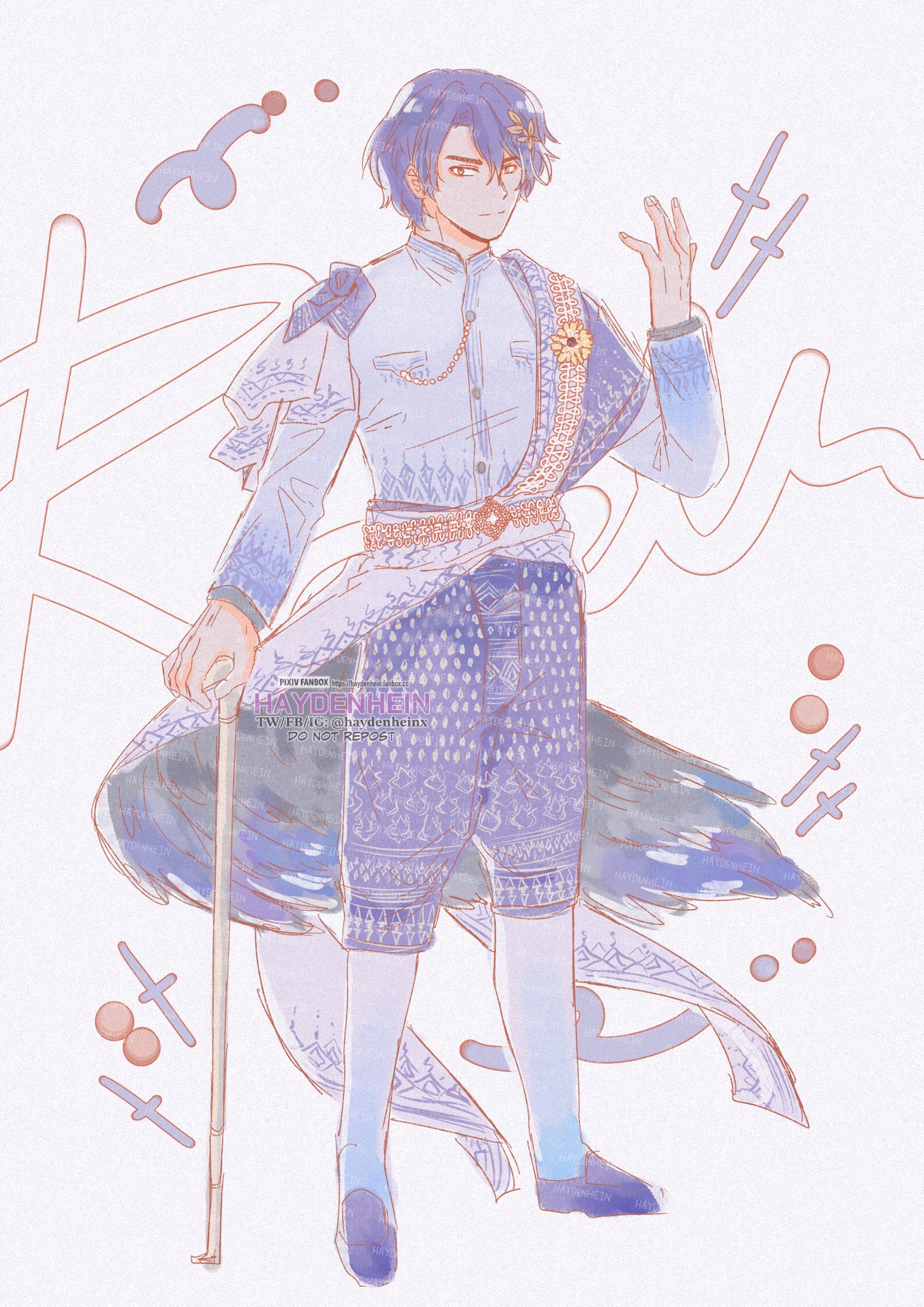 this is a digital illustration of an anime male character wearing traditional thai clothing. he has blue hair and eyes and is looking at the viewer. he is standing and has a confident expression on his face. the background is a light pink and white watercolor wash. the clothing is intricate and colorful with gold accents. he is holding a walking stick and there are flowers adorning his outfit. the image is whimsical and elegant.