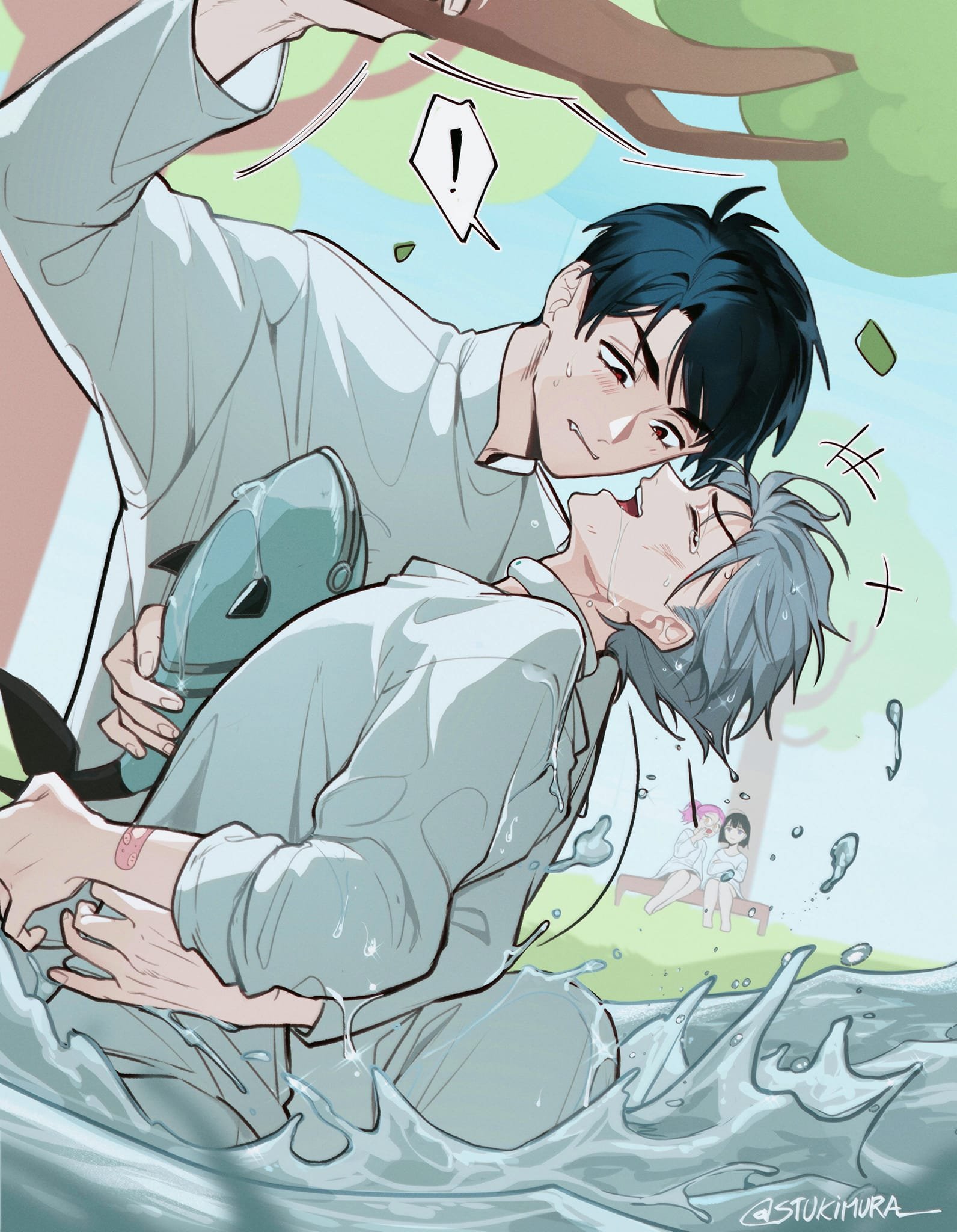 the illustration depicts two anime boys in a playful embrace by a body of water. they are dressed in white shirts and appear to be enjoying a sunny summer day. the taller boy leans down towards the shorter one, his hand resting on the other's back, while the other boy has his arm around the taller boy's neck and leans back. the background features trees and a glimpse of two girls in pink and purple clothing.  the scene suggests a close and affectionate relationship between the two boys, possibly hinting at a romantic connection. the overall tone is lighthearted and joyful.