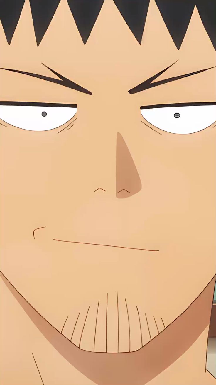 the image shows a closeup of an anime man's face. he has short black hair, dark eyes, and a smug expression on his face. he has stubble around his chin and jawline. the lighting is soft, and the image has a warm color palette.