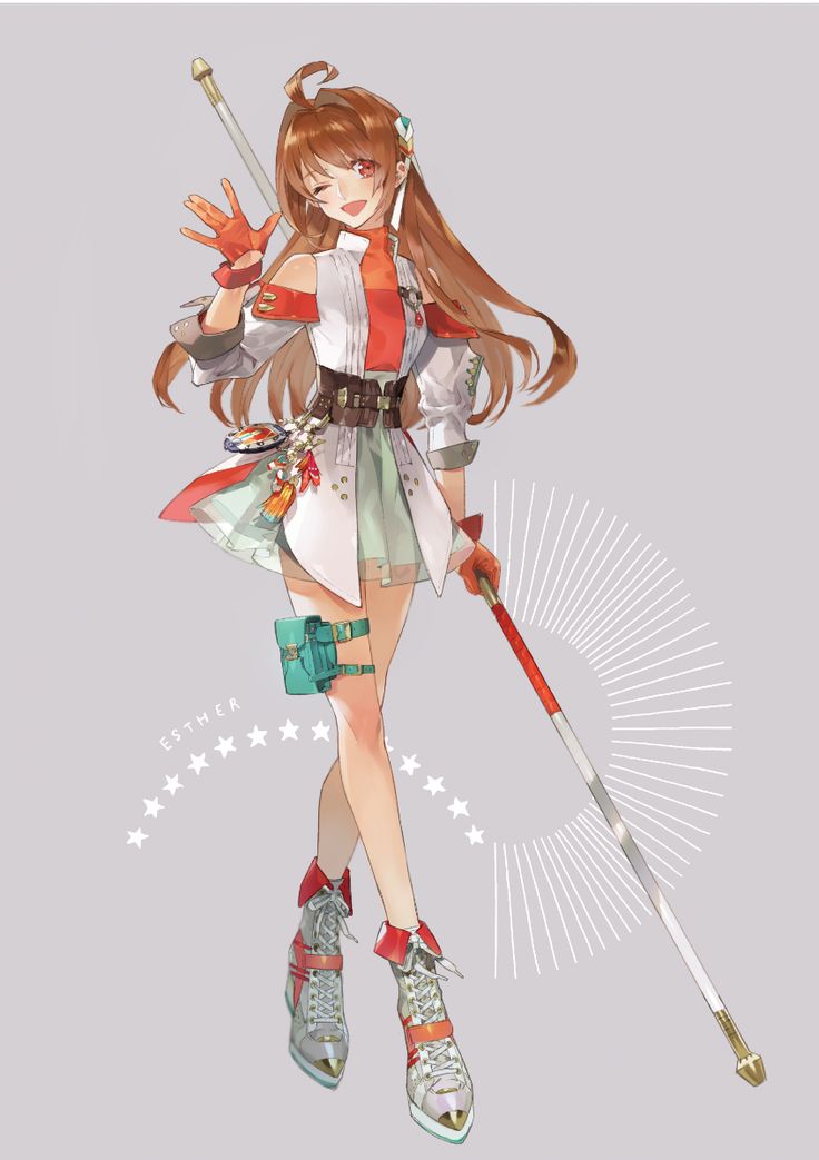 an anime girl with long brown hair is smiling and holding a white staff in her right hand. she is wearing a white shirt, red shoes, green pants, and red gloves. she is standing on a gray background with white stars. the image is drawn in a cute style.