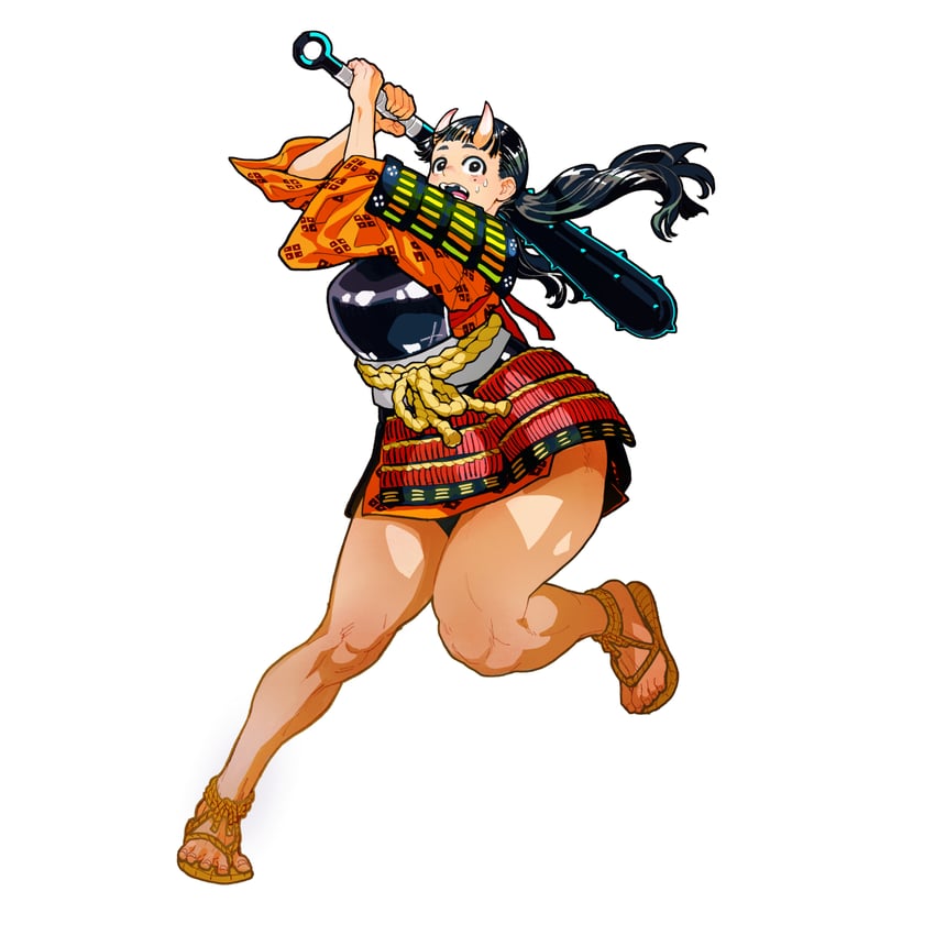 an animestyle illustration of a fierce female warrior in a kimono, running and wielding a sword. she is midjump, eyes narrowed in focus, with a determined expression on her face. her kimono is bright and colorful, adorned with traditional japanese patterns. the background is a simple white, allowing the character to stand out. the illustration captures a sense of action and energy, suggesting that she is in the midst of a fight.