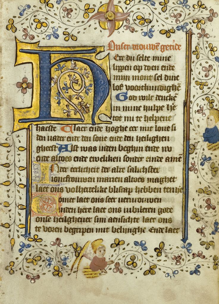 the image is of a page from an illuminated manuscript. the page is written in a beautiful, flowing script, with decorative flourishes and illustrations. the script is in a medieval german or dutch dialect, and the text is likely religious in nature. the manuscript is decorated with a large illuminated capital letter "n" that features delicate floral designs, and includes a small illustration of an angel at the bottom of the page. the illustrations in the manuscript are done in vibrant colors and intricate details, showcasing the artistic skills of the scribes and illustrators of the time. the manuscript is a testament to the beauty and artistry of medieval manuscripts, and provides a glimpse into the religious beliefs and practices of the period.